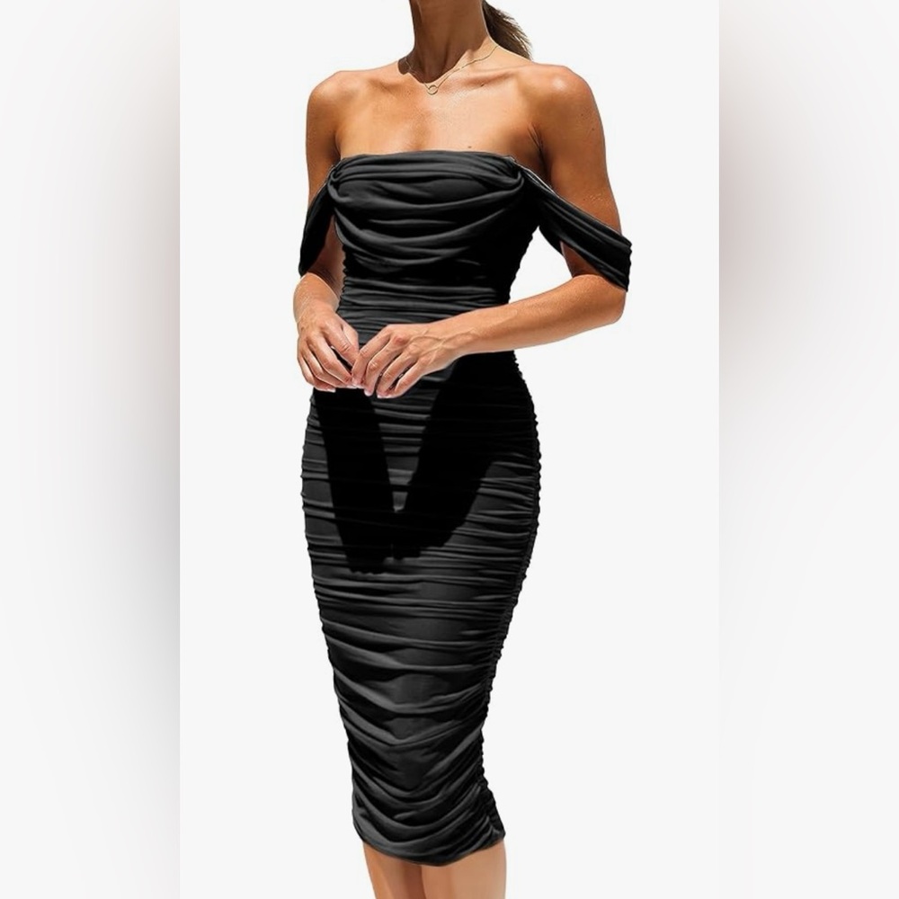 NWT  PRETTYGARDEN  Off Shoulder Ruched Elegant Sexy Bodycon Cocktail Party Midi